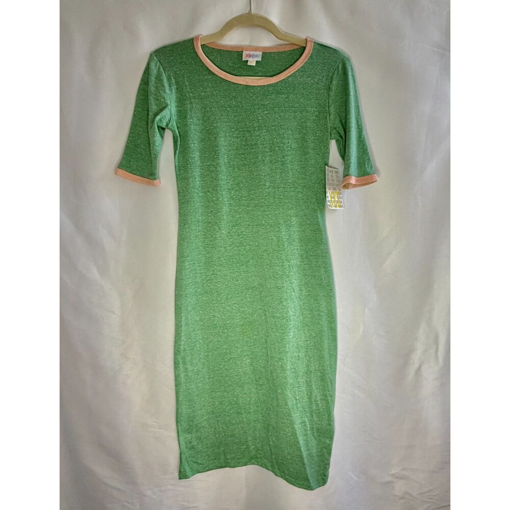 NWT LuLaRoe Julia green sheath dress featuring contrasting peach trim